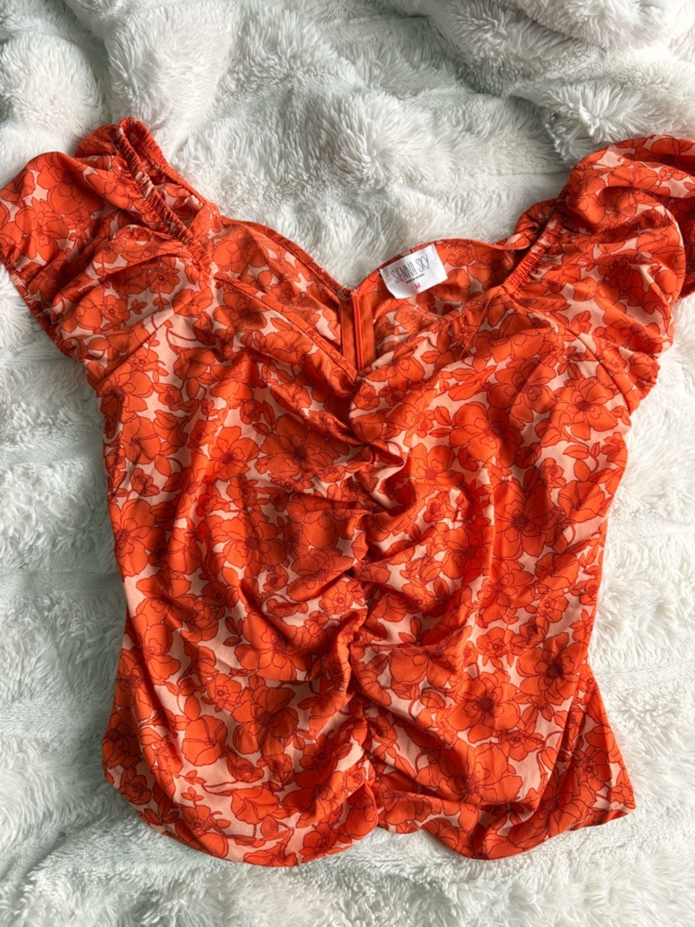 Sienna Sky Orange Floral Ruched V-Neck Crop Top